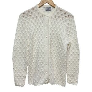 Vintage College Point Cardigan Sweater Womens M White  Pointelle‎ Knit Girly 60s